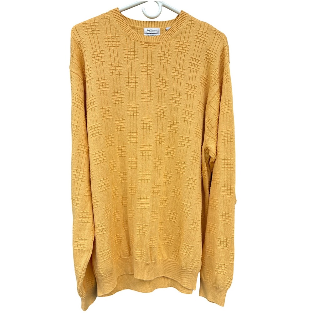 Van Heusen Mens Yellow Textured Sweater XL 100% Cotton Crewneck Vintage Style
